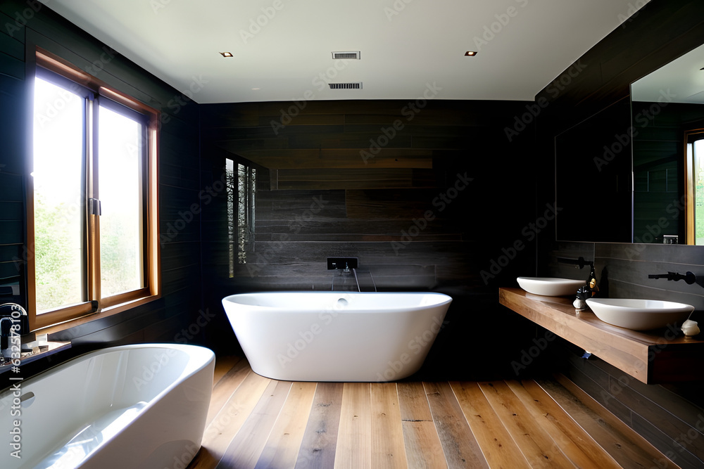 A design luxury bathroom, with double bath up, a wood floor, black wall, italian shower. Premium luxury hotel bathroom A design luxury bathroom, with double bath up, a wood floor, black wall, italian shower. Premium luxury hotel bathroom