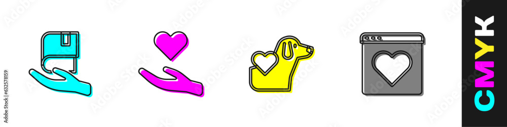 Set Book donation, Heart in hand, with dog and Dating app online icon. Vector Set Book donation, Heart in hand, with dog and Dating app online icon. Vector