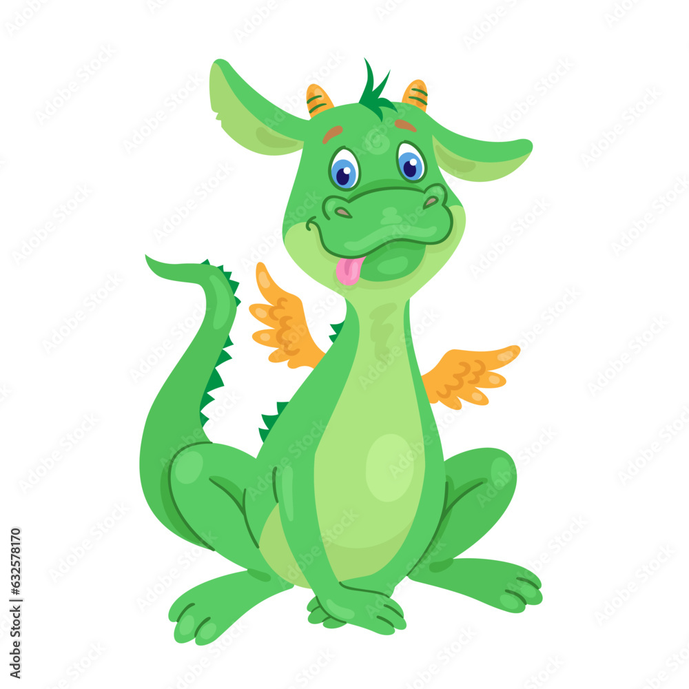 Obraz premium Cute fairytale dragon is sitting. In cartoon style. Isolated on white background. Vector flat illustration. Symbol of Chinese New Year