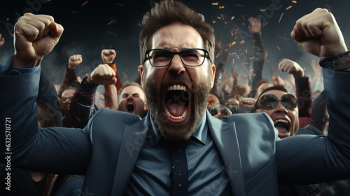 Triumphant Man Celebrating Success with Arms Raised in Jubilation.