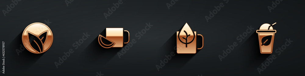 Fototapeta premium Set Tea leaf, Cup of tea with lemon, and icon with long shadow. Vector