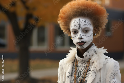 Elementary school-aged girl stands in Halloween costume and spooky makeup in front of school. Generated Ai