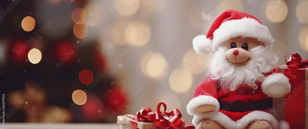 Dolls and Christmas decorations on abstract light background. Anamorphic video