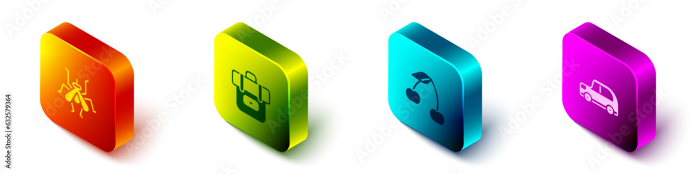 Set Isometric Mosquito, Hiking backpack, Cherry and Car icon. Vector Set Isometric Mosquito, Hiking backpack, Cherry and Car icon. Vector