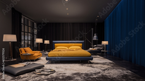 Schönes modernes Schlafzimmer in gold mit schwarzen Stil, ai generativ photo