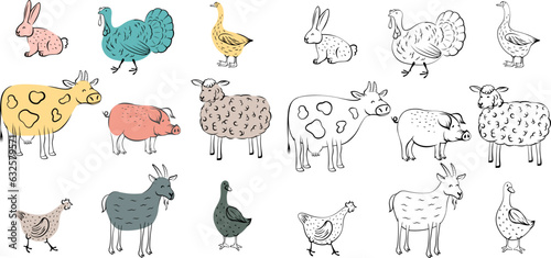 Leinwand Poster Set of farm animals in doodle style isolated on white background