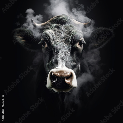 Image of a cow face with fire smoke on black background. Farm animals. Illustration, Generative AI.