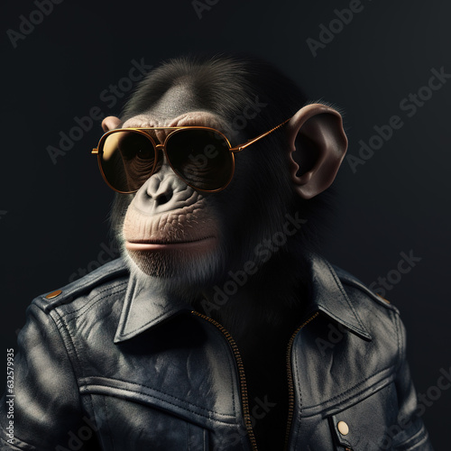 Image of a chimpanzee wore sunglasses and wore a black leather jacket on clean background. Wildlife Animals. Illustration, Generative AI. © yod67