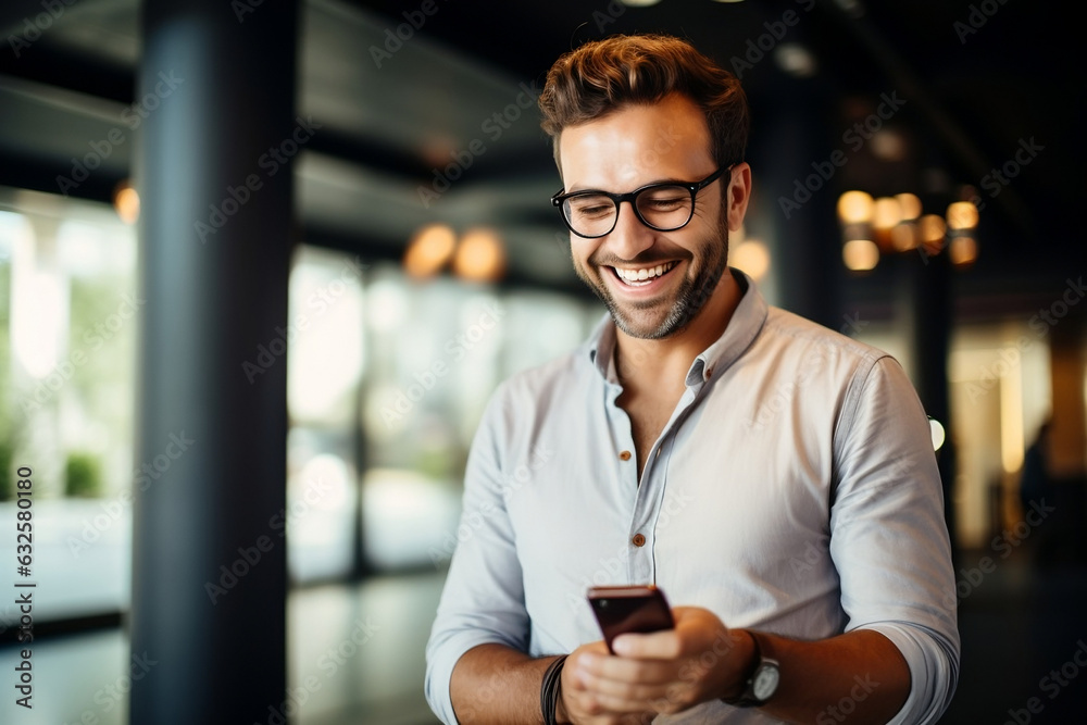 A man, dressed casually in glasses, is joyfully using a mobile phone in an office setting with a blurred background. A man, dressed casually in glasses, is joyfully using a mobile phone in an office setting with a blurred background.