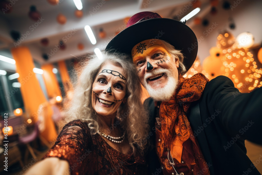 Biracial Senior couple dressed up in Halloween costume. A man and woman went to a Halloween party in spooky creations and make up. Dia de Muertos. Celebration of Mexico's Day of the Dead. Generated Ai Biracial Senior couple dressed up in Halloween costume. A man and woman went to a Halloween party in spooky creations and make up. Dia de Muertos. Celebration of Mexico's Day of the Dead. Generated Ai