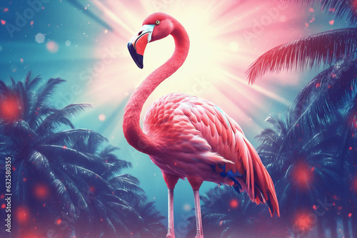 tropical flamingo pink feather sunglasses hipster party summer animal bird. Generative AI.