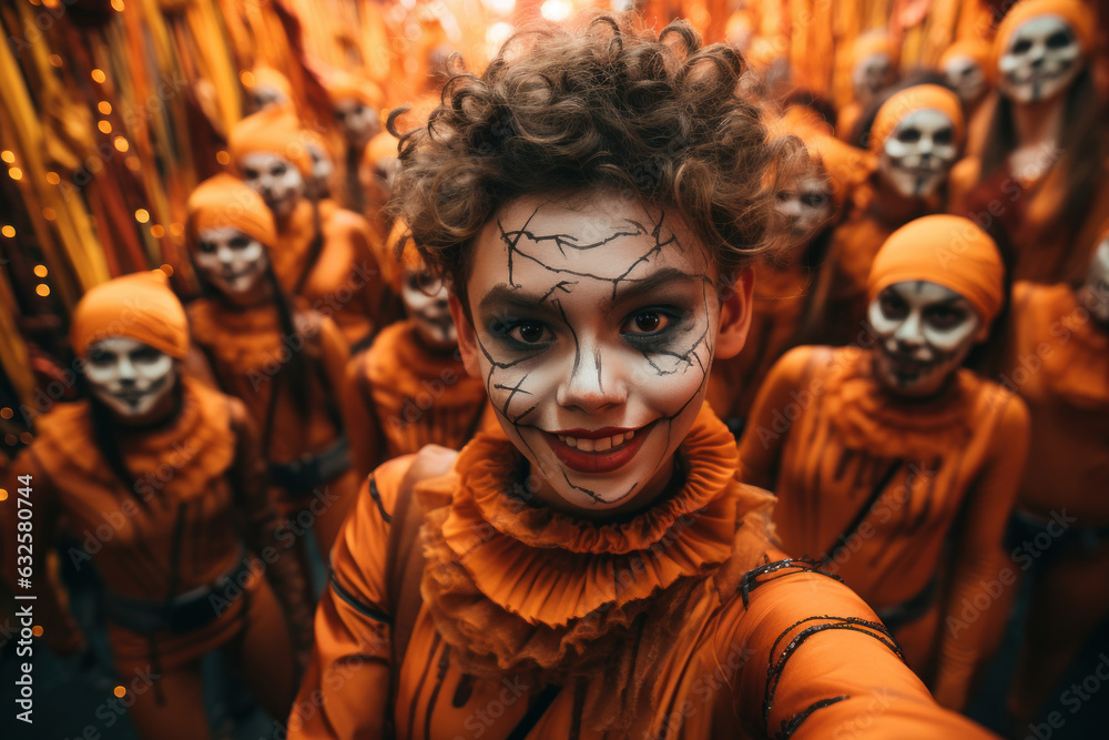 A group of kids of different nationalities of elementary school age at a Halloween party at school. Wide angle shot of kids in spooky disguises and makeup. Generated Ai