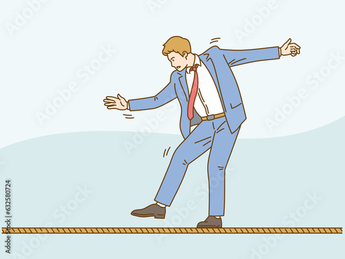 Business or investment risk protection, challenge, danger and difficulty to overcome to success in work and career concept, confident brave businessman ropewalker equilibrium walk on high tight rope.
