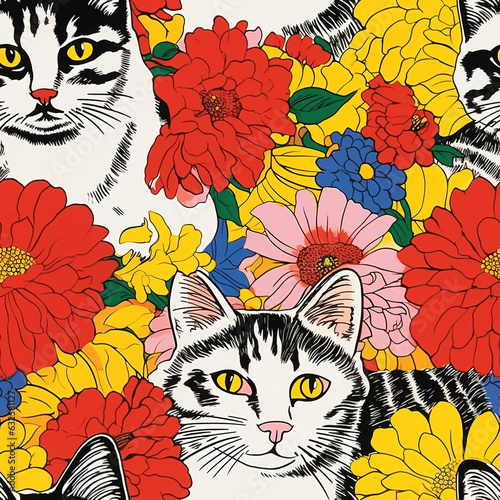 pattern, color, colorfulpattern, cseamless pattern cat with flowers colorfulolor, colorful photo