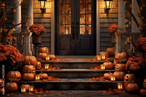 Create a striking scene of pumpkins arranged on a front porch, accompanied by autumn leaves and rustic lanterns, exuding a warm and inviting Halloween ambiance.