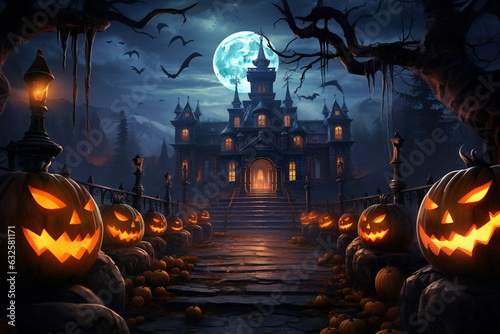 Design an enchanting Halloween storybook cover, with pumpkins as the central characters, embarking on a magical adventure under the moonlit sky.