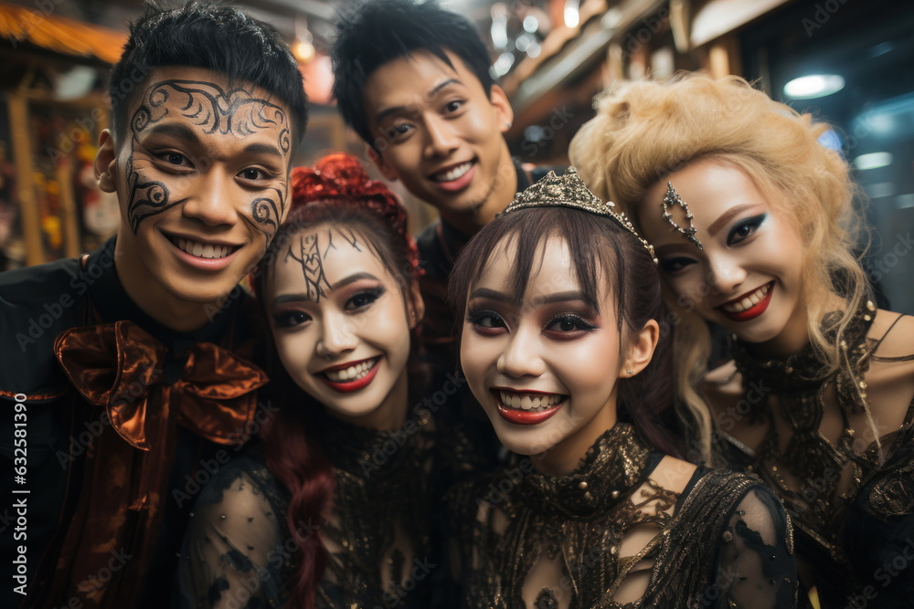 A group of different nationalities student friends at a Halloween party at school. Wide angle shot of people in spooky disguises and makeup. Generated Ai