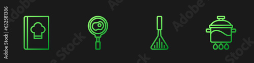 Set line Barbecue spatula, Cookbook, Fried eggs on frying pan and Cooking pot. Gradient color icons. Vector