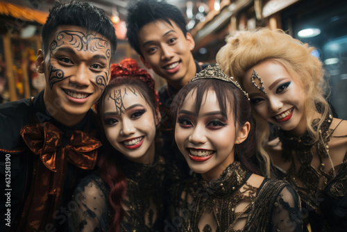 A group of different nationalities student friends at a Halloween party at school. Wide angle shot of people in spooky disguises and makeup. Generated Ai