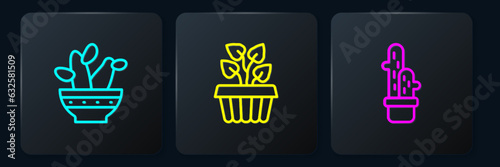 Set line Cactus peyote in pot, and Indoor plant ivy. Black square button. Vector