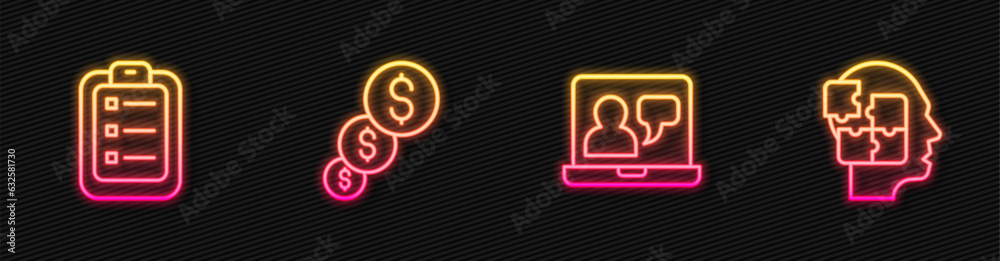 Set line Online education, To do list or planning, Financial growth and dollar and Head puzzles strategy. Glowing neon icon. Vector Set line Online education, To do list or planning, Financial growth and dollar and Head puzzles strategy. Glowing neon icon. Vector