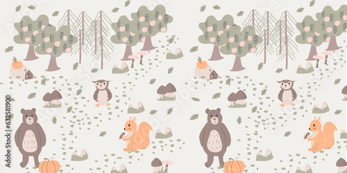 seamless childish pattern with bear, squirell, owl