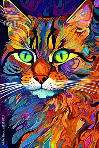 American Bobtail cat psychedelic look. Generative AI