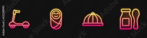 Set line Baby hat, Roller scooter, Newborn baby infant swaddled and Yogurt bottle with spoon. Glowing neon icon. Vector