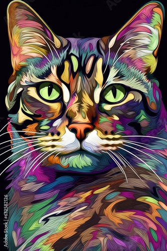 American Wirehair cat psychedelic look. Generative AI