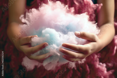 Closeup Of Childs Hands Grasping Cotton Candy. Generative AI