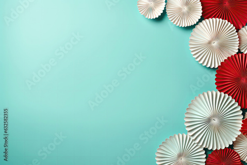 Frame Of Red Paper Fans On Pale Turquoise Color Background  Empty Space. Generative AI