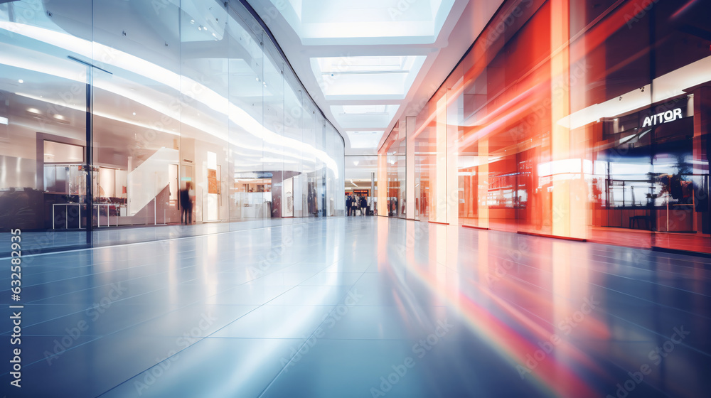 Abstract blur of a department store or shopping mall. Blurred image suitable for background use. Modern shopping mall corridor and storefront.

Generative AI.