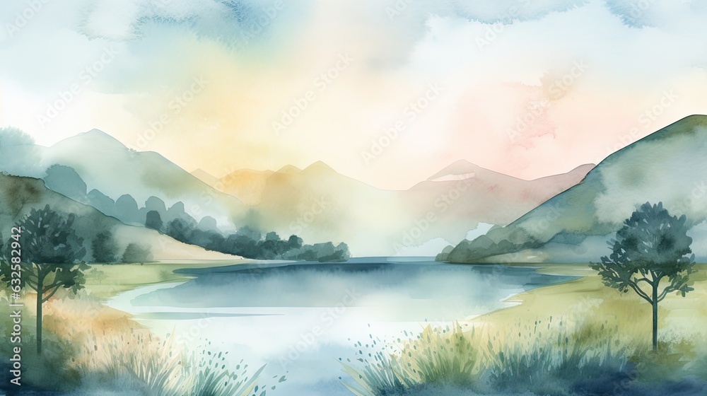 Tranquil lake and rolling hills. watercolor landscape backdrop