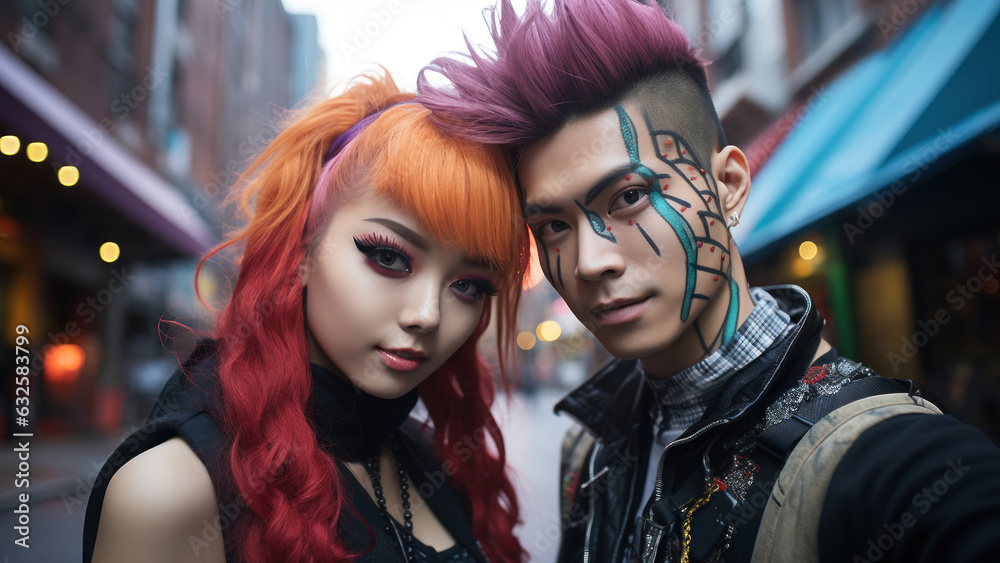 Fototapeta premium Student couple dressed up in Halloween costume. Girl and boy in spooky Halloween makeup. Street portrait of death parade participants. Generated Ai