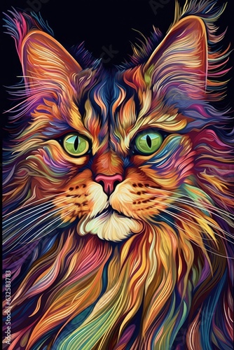 Maine Coon Himalayan cat psychedelic look. Generative AI