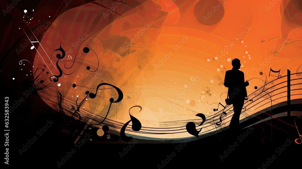 Obraz premium Abstract music background black and orange with staff and human silhouette