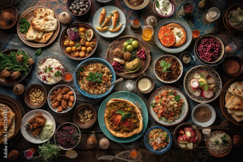 Table With Many Dishes During Ramadan, Top View. Generative AI