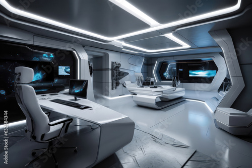Techinspired Office With Futuristic Gadgets And Sleek, Hightech Furnishings. Generative AI