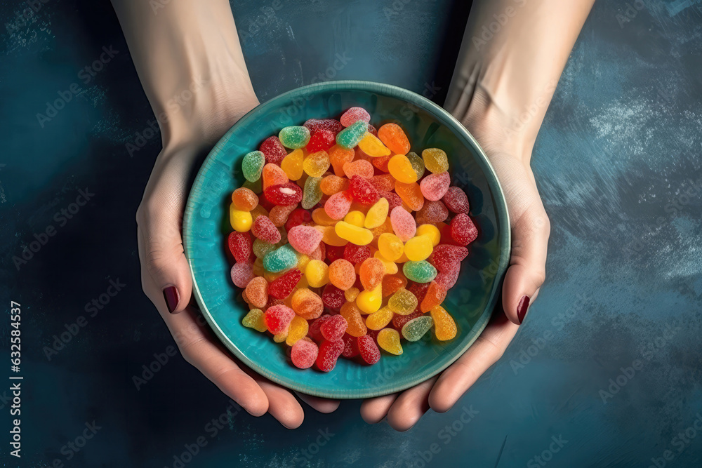 Womans Hands Holding Bowl Of Assorted Candies On Blue Background, Top View. Generative AI Womans Hands Holding Bowl Of Assorted Candies On Blue Background, Top View. Generative AI