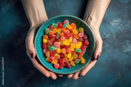 Womans Hands Holding Bowl Of Assorted Candies On Blue Background, Top View. Generative AI