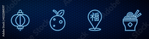 Set line Chinese New Year, paper lantern, Peach fruit or nectarine and Asian noodles bowl. Glowing neon icon on brick wall. Vector