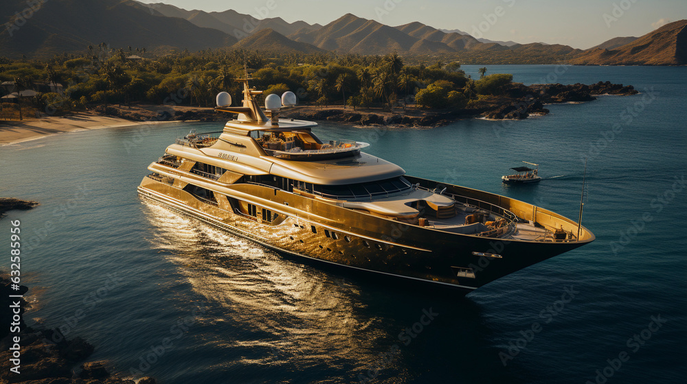 Obraz premium Super mega yacht en or dans la mer à côtés d’îles en été