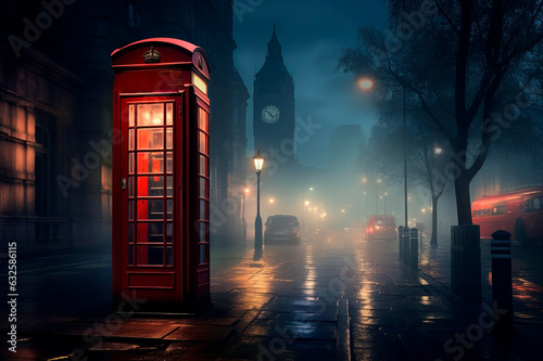 Red phone or telephone booth in the middle of city street in lanterns light #632586115