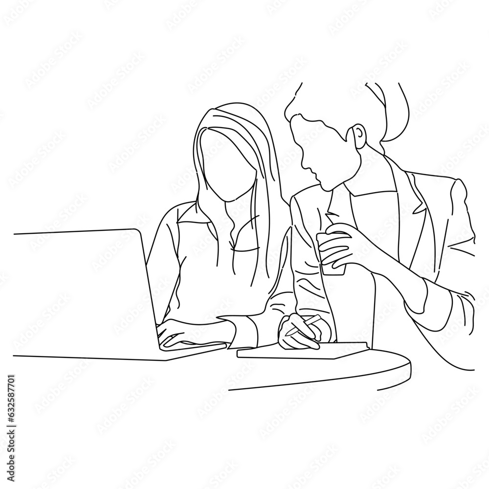 Vector business meeting discussion between worker in cafe round table cartoon Line art. Business training and presentation concept. continuous line drawing of office workers at business meetings Vector business meeting discussion between worker in cafe round table cartoon Line art. Business training and presentation concept. continuous line drawing of office workers at business meetings