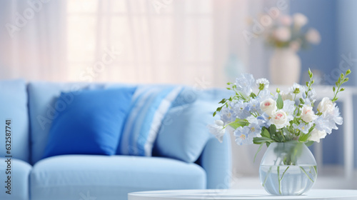 Modern Blue Living Room Design: Blurred, Bright Panorama with Sofa and Flowers