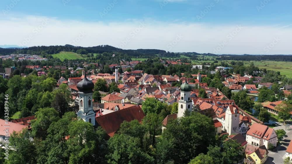 Aerial view, drone video of Isny im Allgaeu with a view of the castle and the historic old town. Isny im Allgaeu, Ravensburg, Tuebingen, Baden-Wuerttemberg, Germany, Europe Aerial view, drone video of Isny im Allgaeu with a view of the castle and the historic old town. Isny im Allgaeu, Ravensburg, Tuebingen, Baden-Wuerttemberg, Germany, Europe