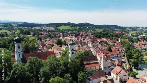 Aerial view, drone video of Isny im Allgaeu with a view of the castle and the historic old town. Isny im Allgaeu, Ravensburg, Tuebingen, Baden-Wuerttemberg, Germany, Europe photo