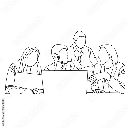 Vector business meeting discussion between worker in cafe round table cartoon Line art. Business training and presentation concept. continuous line drawing of office workers at business meetings