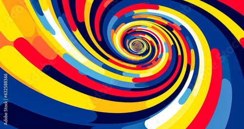 Colorful spiral with vibrant and bold colors  optical op art  color spiral group  light yellow and dark navy.