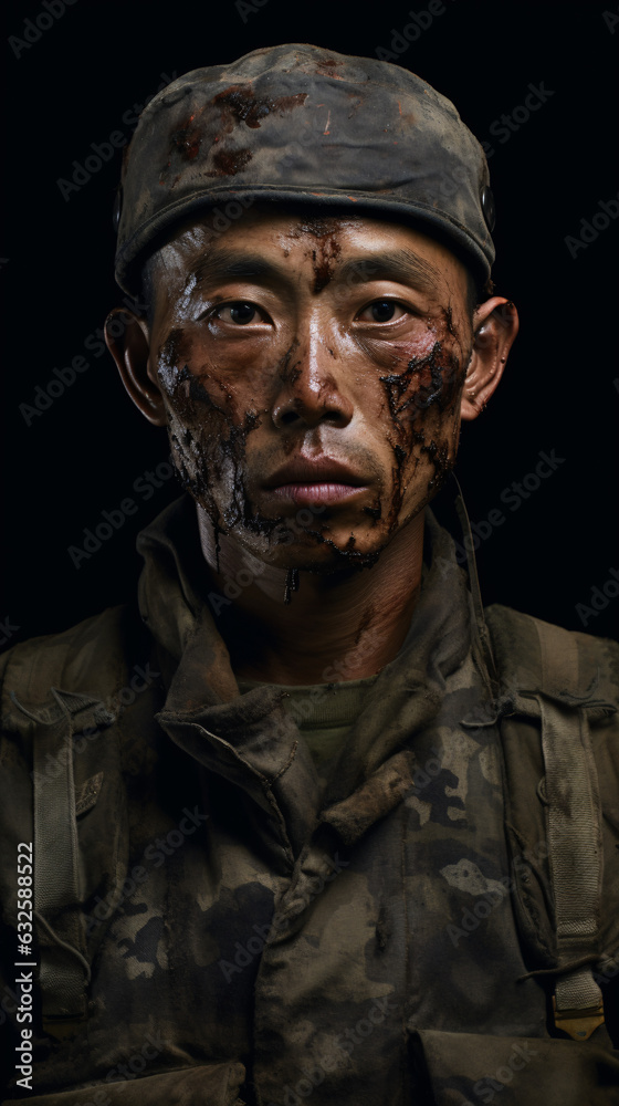 A portrait of an East Asian soldier with battle scars, embodying the strength, resilience, and honor that come from facing adversity in service.